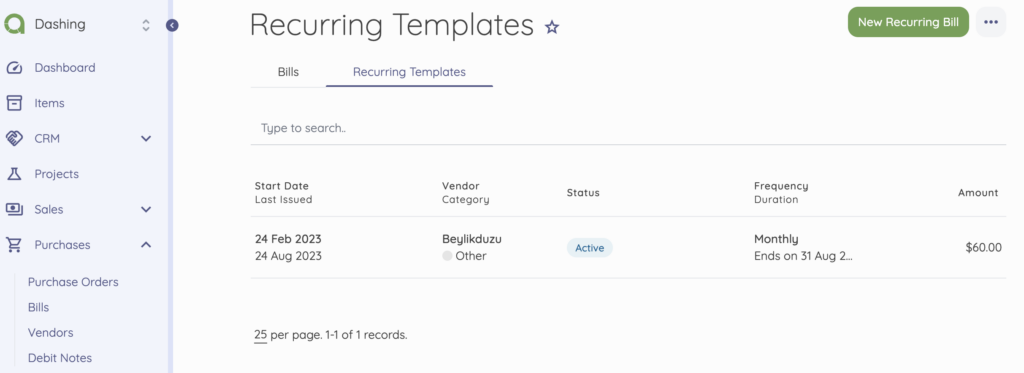 bills recurring templates list