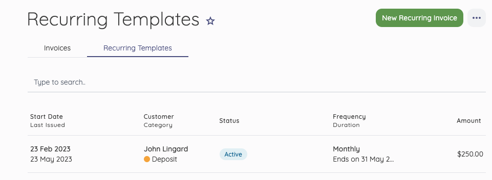 list of recurring Invoices