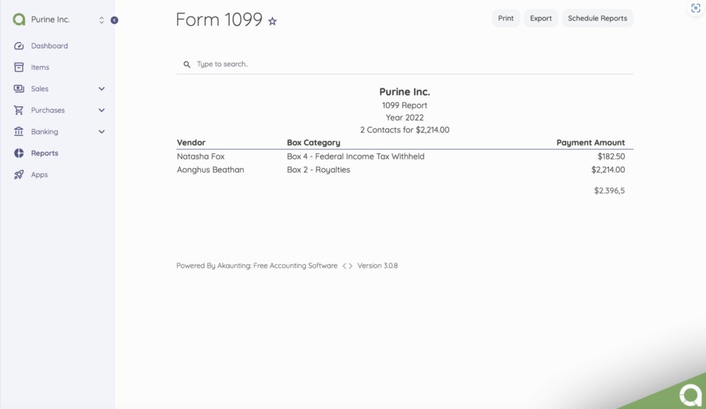 Form 1099 on Akaunting