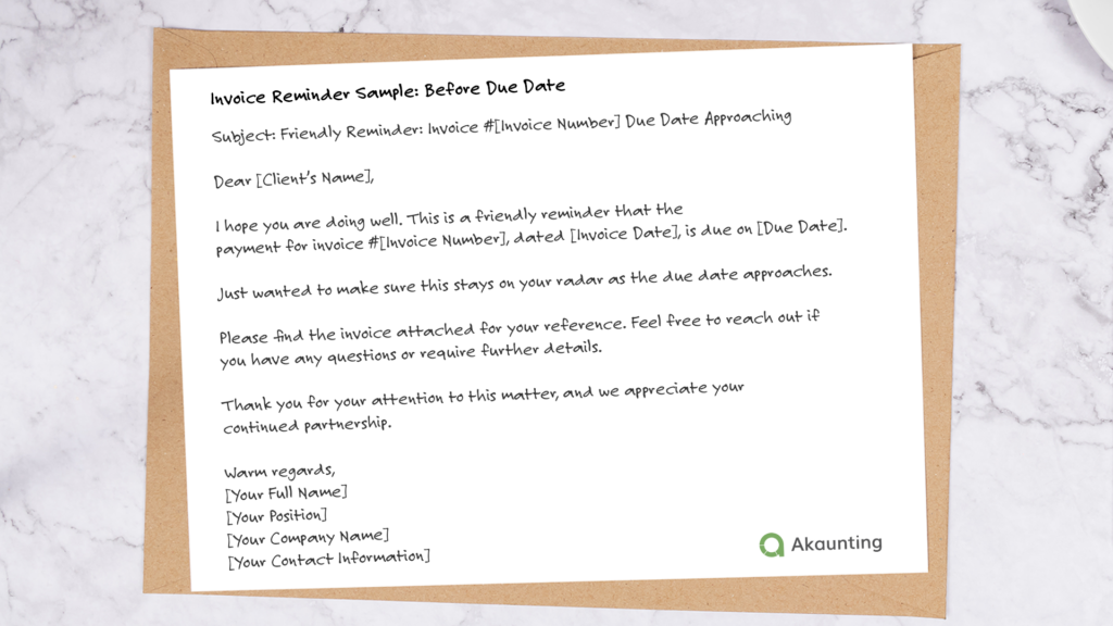 Invoice Reminder Sample: Before Due Date