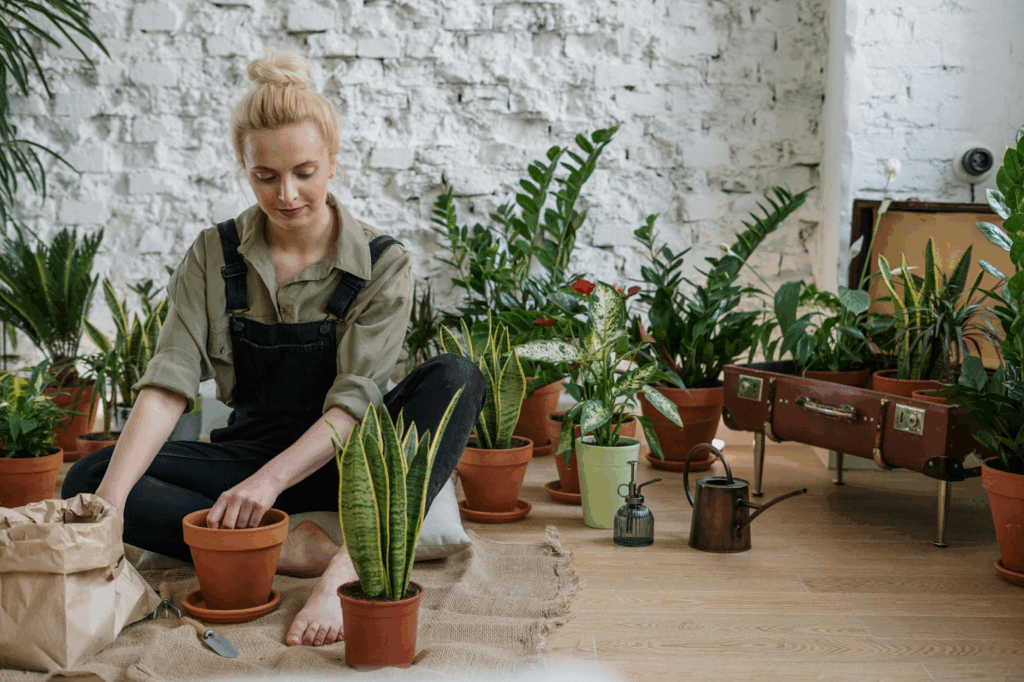 Lady taking care of a garden plant