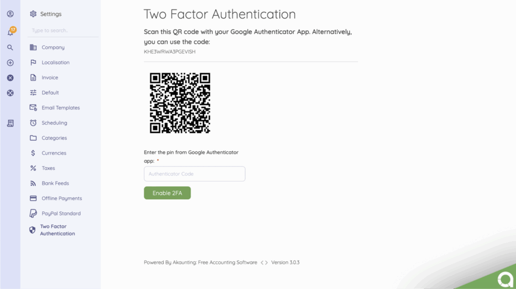 Two-factor authentication on Akaunting’s dashboard.
