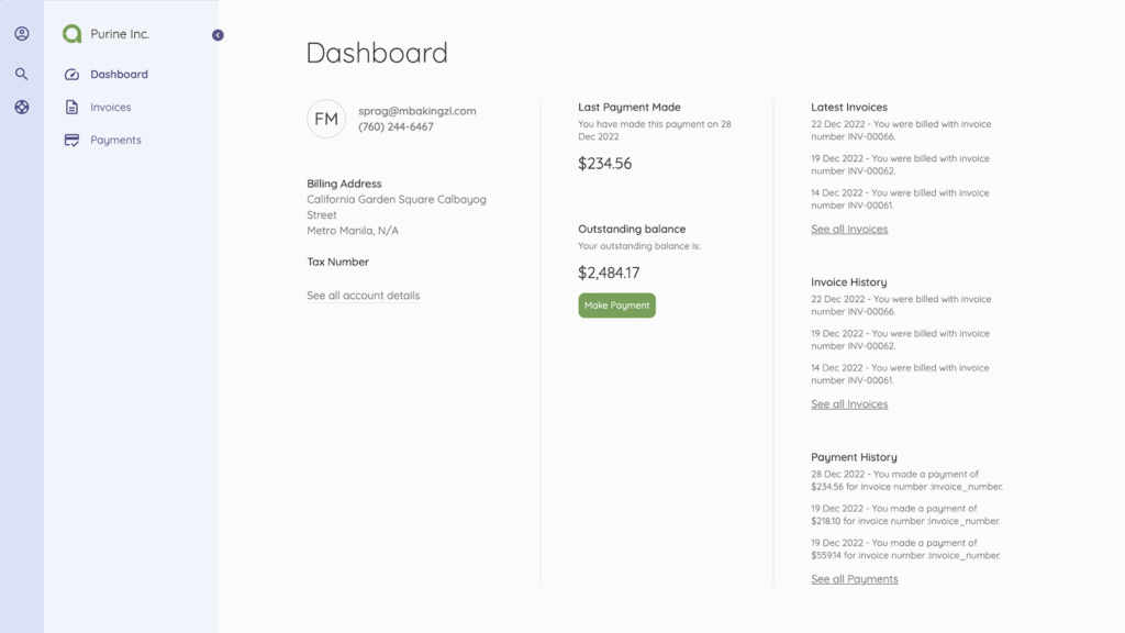Dashboard of Akaunting’s Client Portal shows last payment made and outstanding balance
