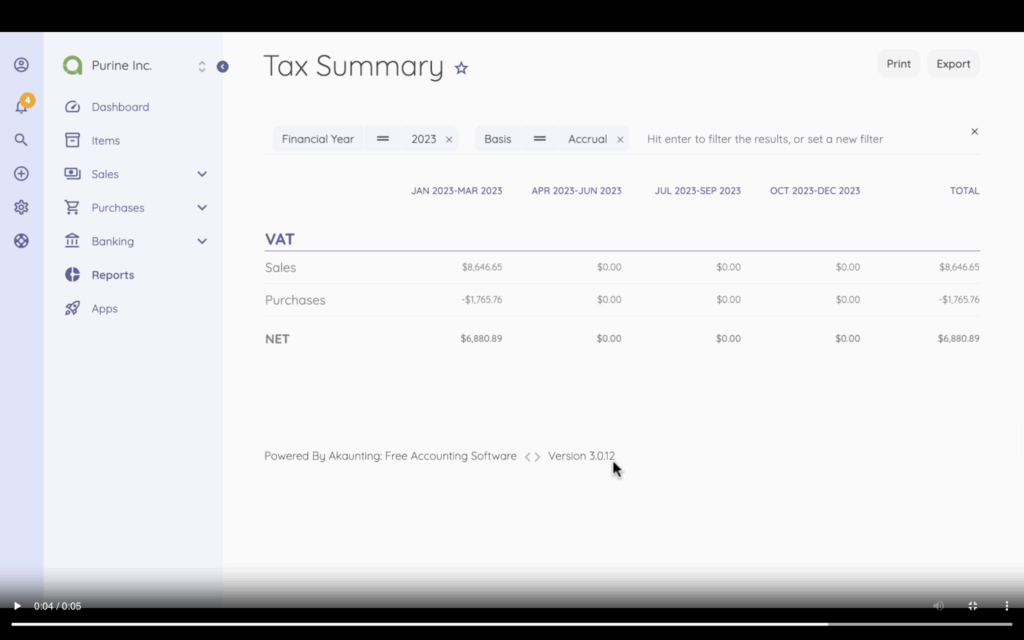 Tax summary report on Akaunting