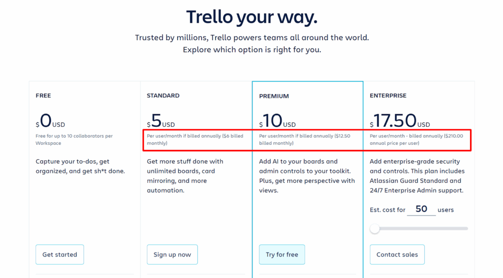 Trello Pricing Page