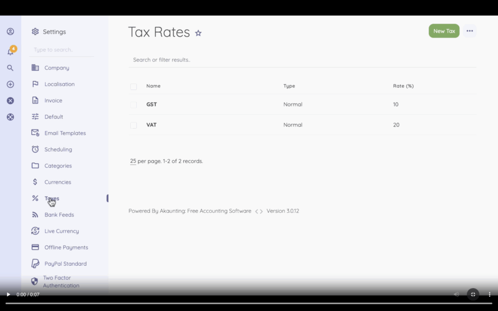 Tax rates dashboard on Akaunting