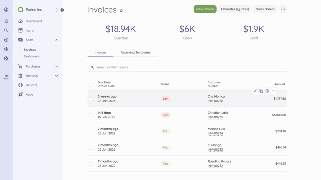 Invoicing dashboard on Akaunting
