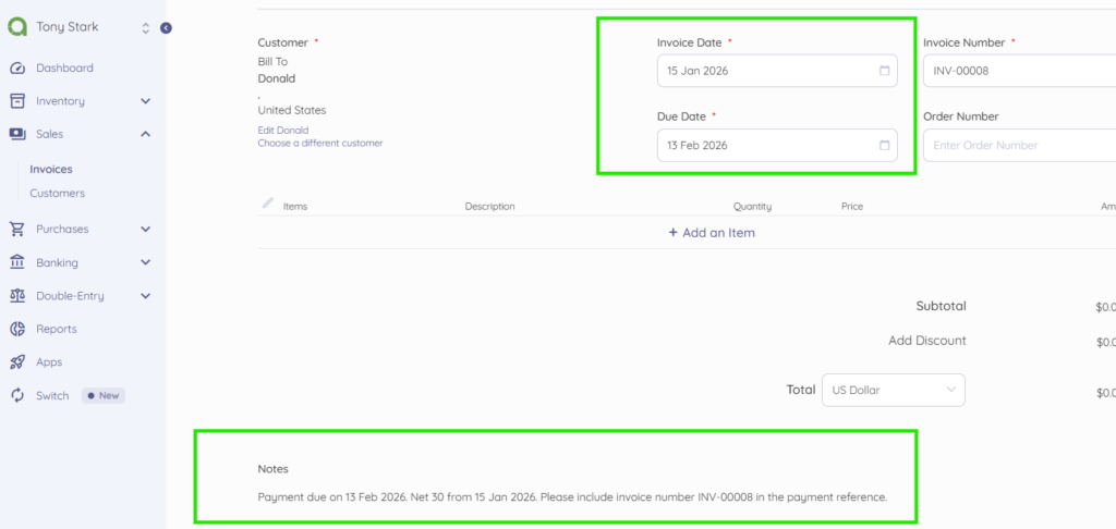 Akaunting Invoicing page: Invoice due date
