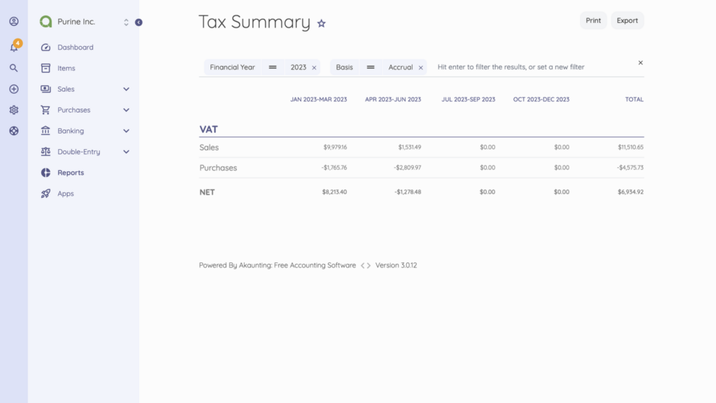 Tax summary report dashboard