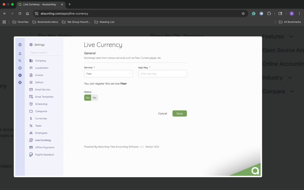 Manage international earnings with Live Currency App on Akaunting