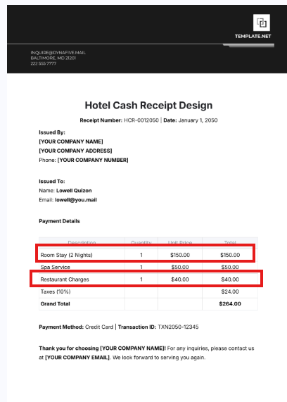 Sample of hotel receipt