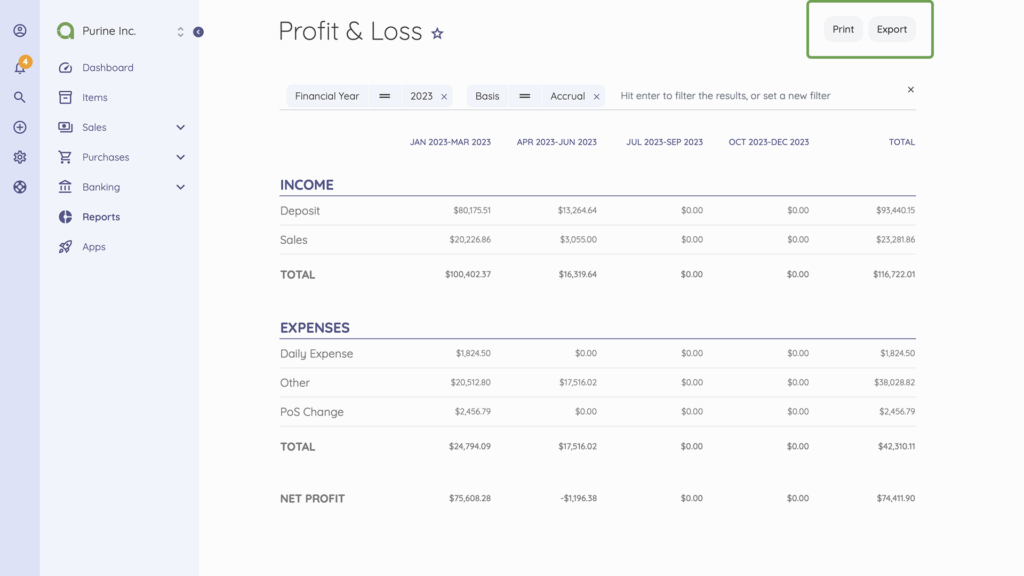 Profit and loss report on Akaunting
